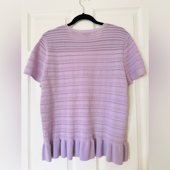 💜 Ann Taylor |  Lavender | Pointelle Knit Top with Ruffled Peplum Hem - Picture 2 of 3
